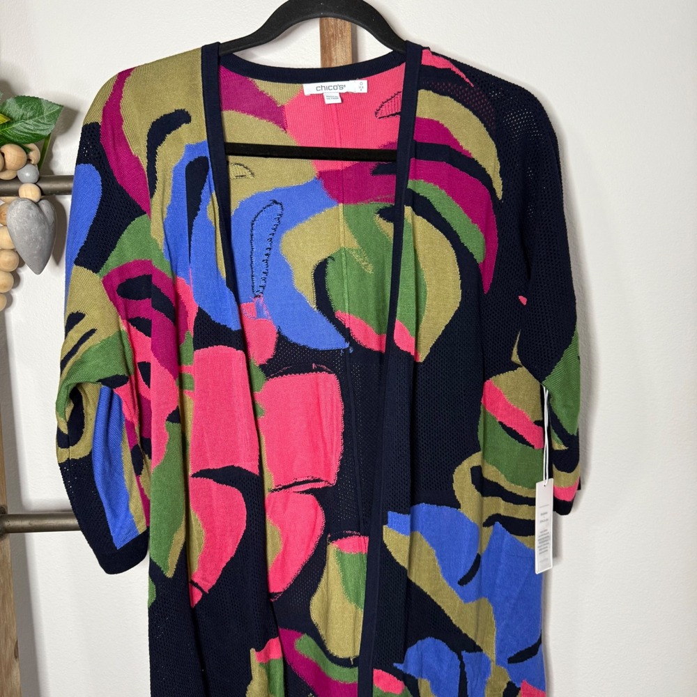Chicos Abstract Floral Print Duster Cardigan Navy Blue Pink Green Size Small - Picture 3 of 10